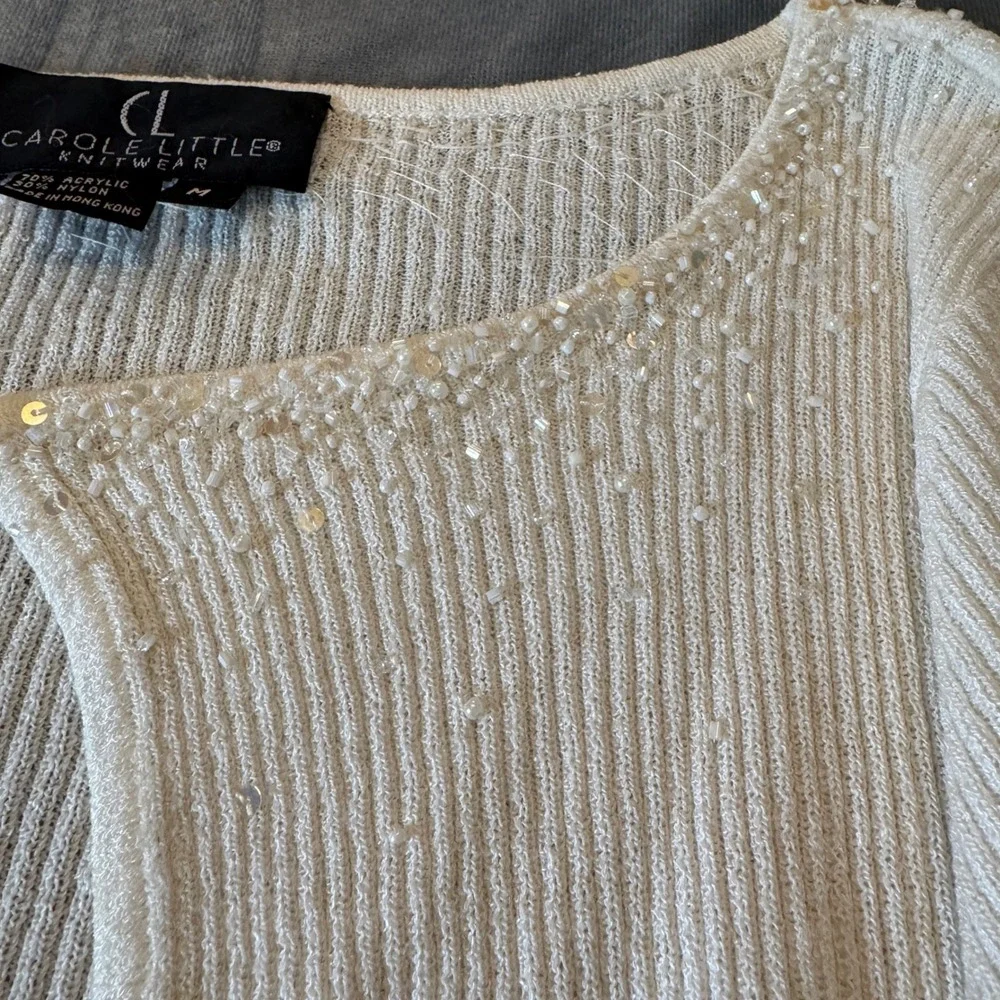 Vintage Carole Little Cardigan M Cream Hand Beaded Sequin Coquette Sweater